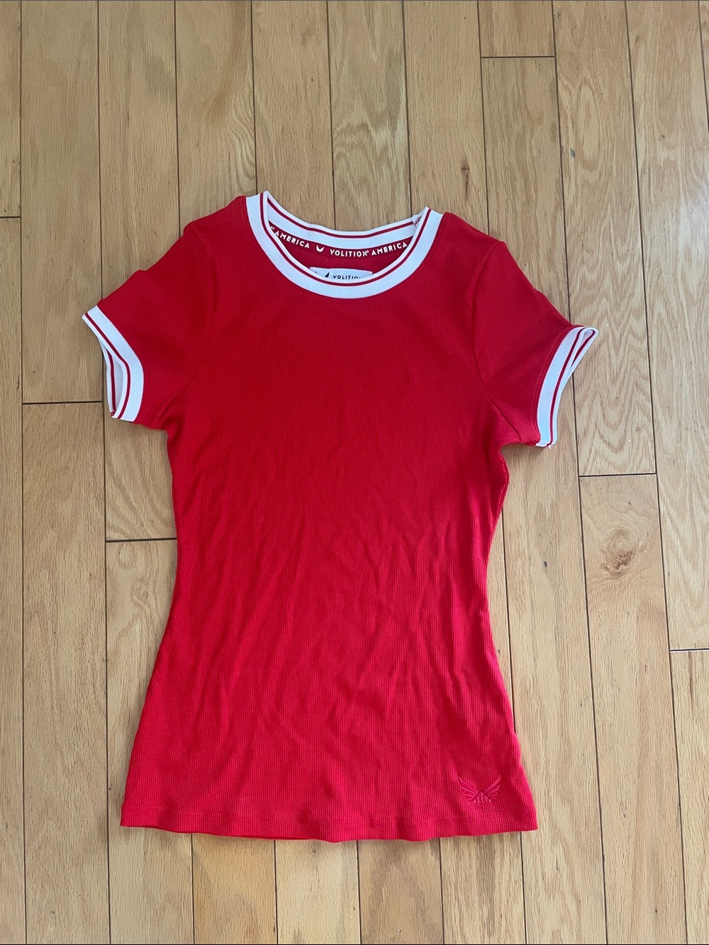 Red Ribbed Tee with White Trim XS